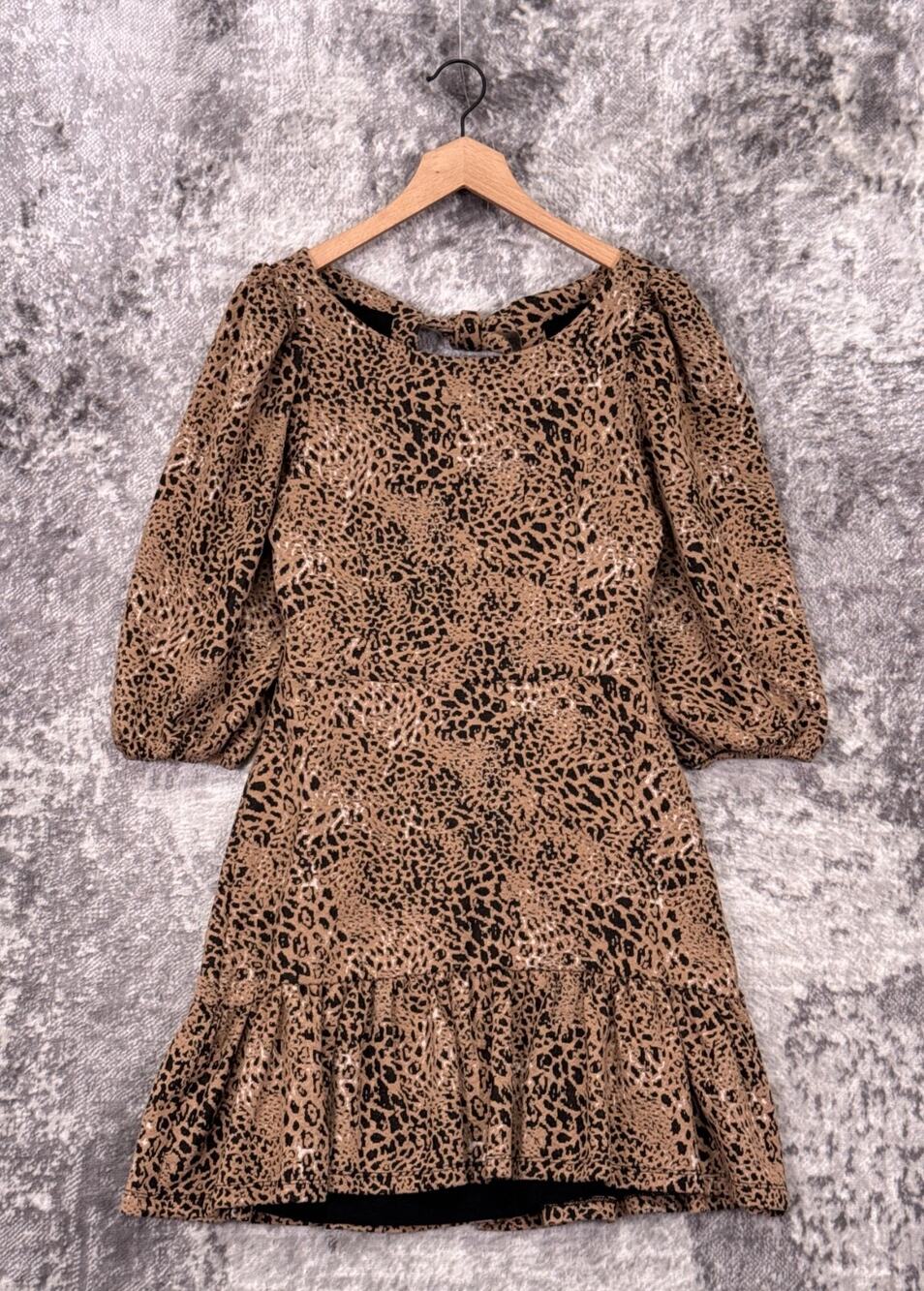 Anthropologie Dress 10P Womens Maeve Animal Print Puff Sleeve Backless Mini